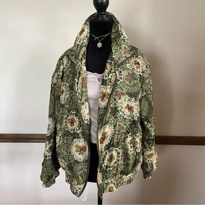 Vintage 90s Silk Bomber Jacket Sz S EVR Boho Christmas Tapestry Print Streetwear